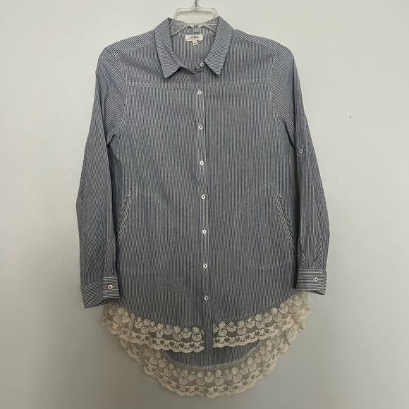 Umgee Tops - Umgee Women's Button Down Striped Blouse with Lace Trim - Women's Size Medium